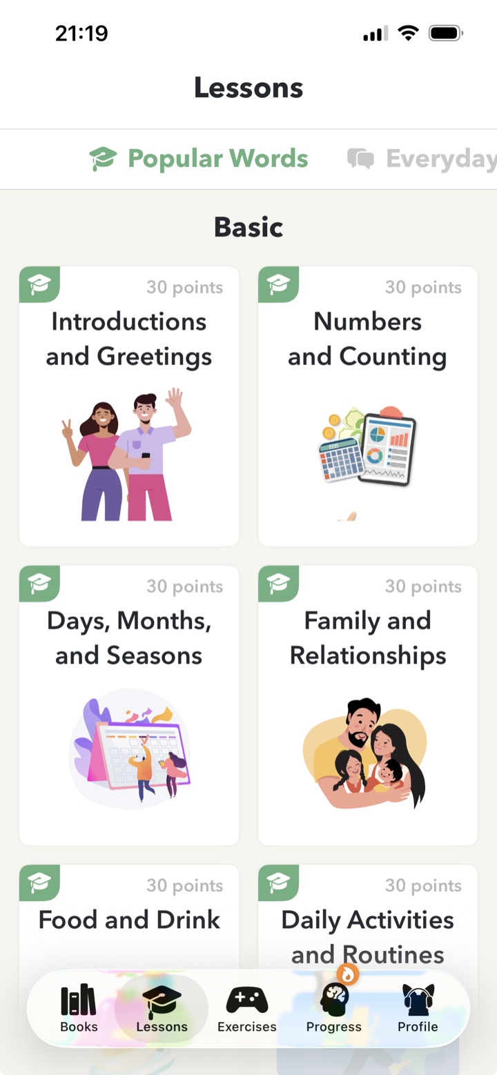 The Lessons screen in Lingo Books, showing topics including Introductions and Greetings, Numbers and Counting, and Family and Relationships