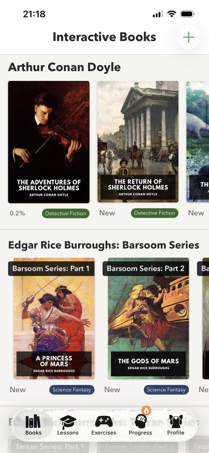 The Lingo Books library, showing Sherlock Holmes and Edgar Rice Burroughs titles