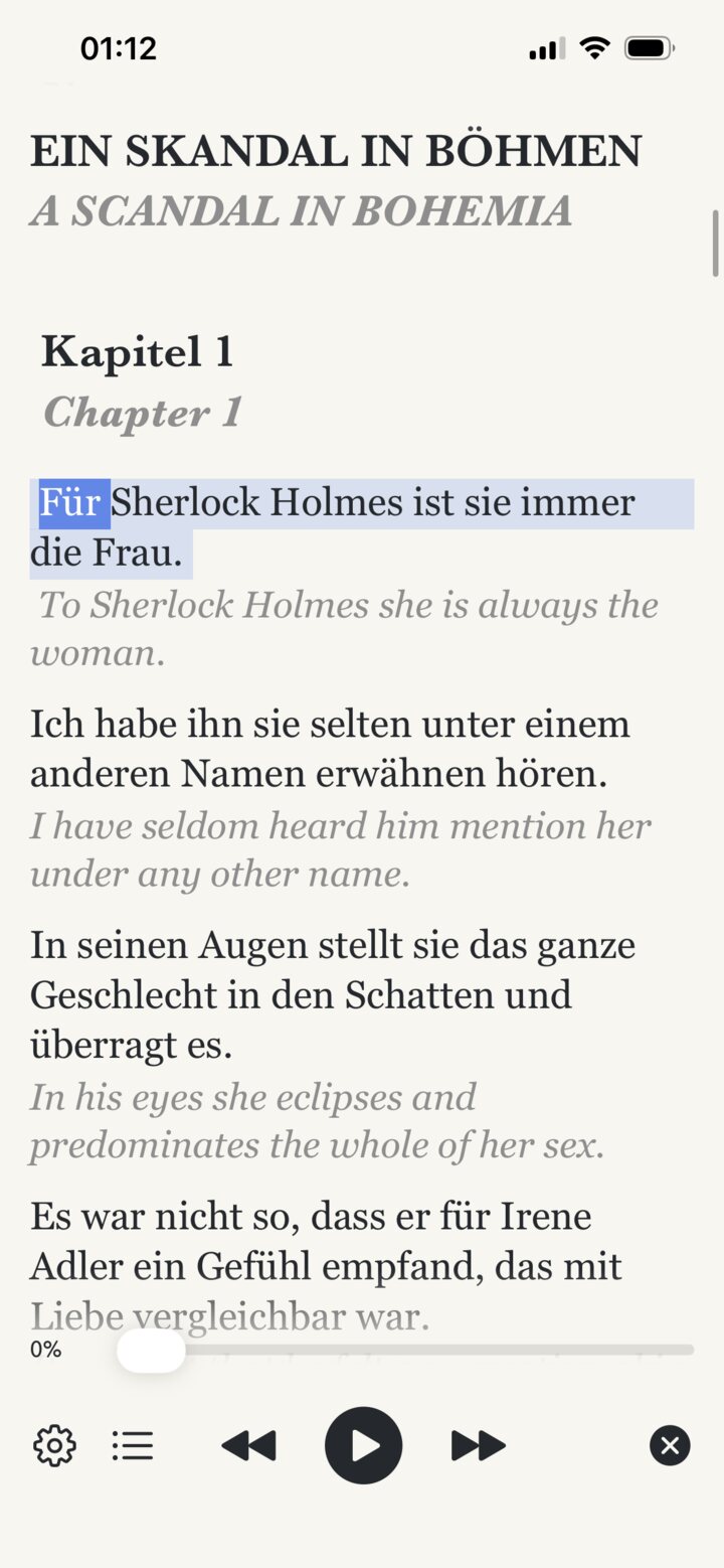 Ein Skandal in Böhmen open in Lingo Books, each German sentence followed by its English translation
