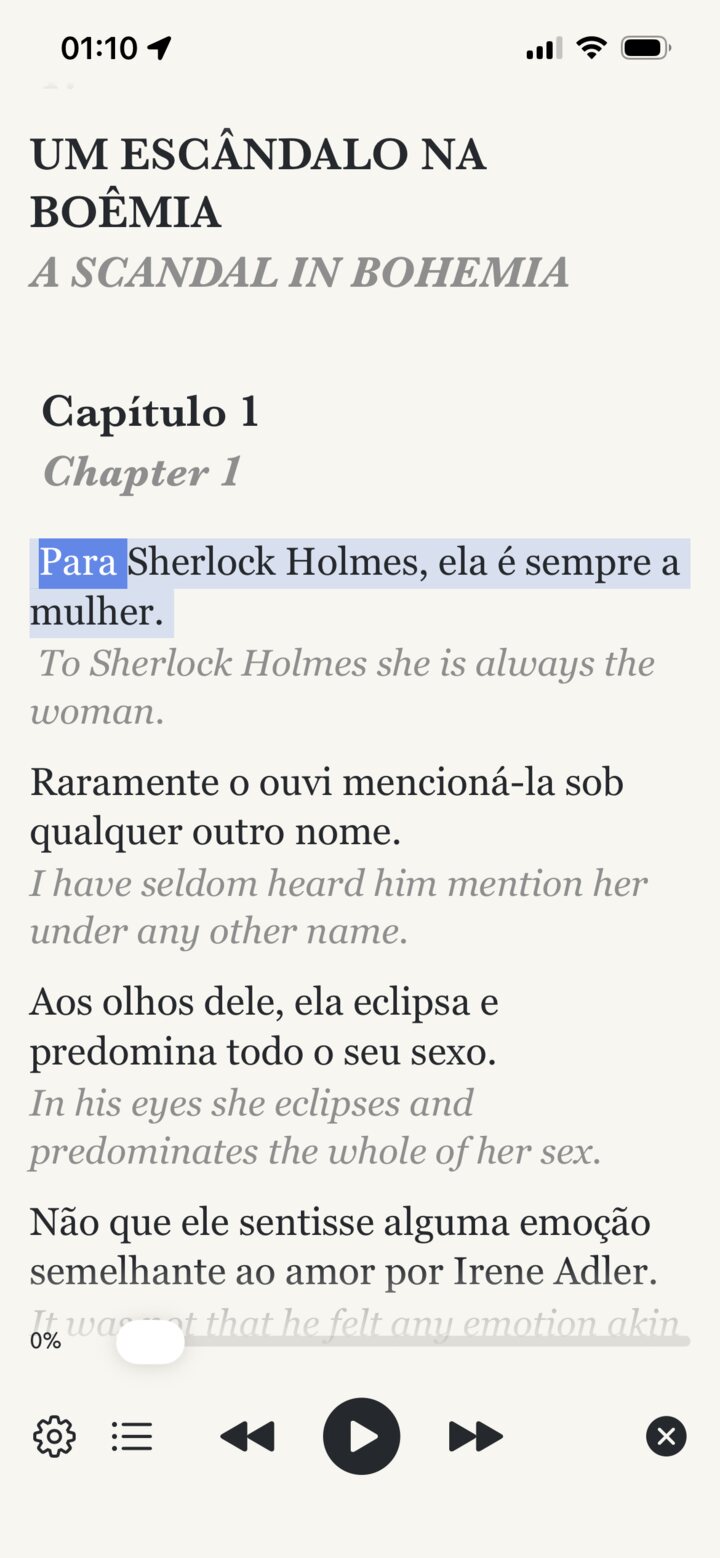 Um escândalo na Boêmia open in Lingo Books, each Brazilian Portuguese sentence followed by its English translation